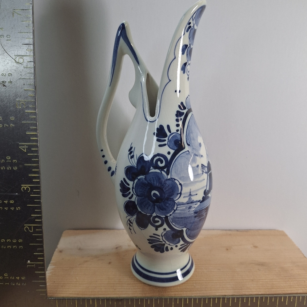 Blue and White Floral Ceramic Delftware Ewer Vase - Classic Home Art